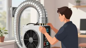 Техник устанавливает вентиляционную систему для организации охлаждения ASIC-майнера в квартире